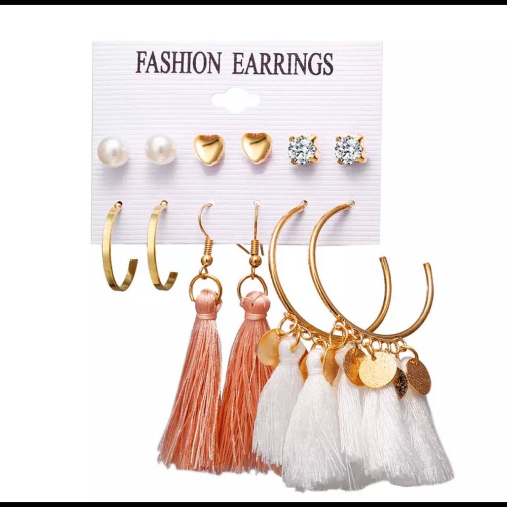 Tassel fashion earring set studs hoops pink white